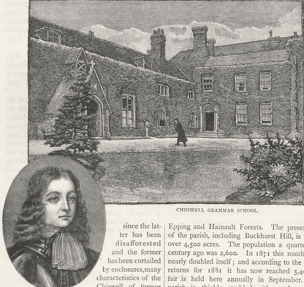 CHIGWELL. Chigwell Grammar School; William Penn. Essex 1888 old antique print